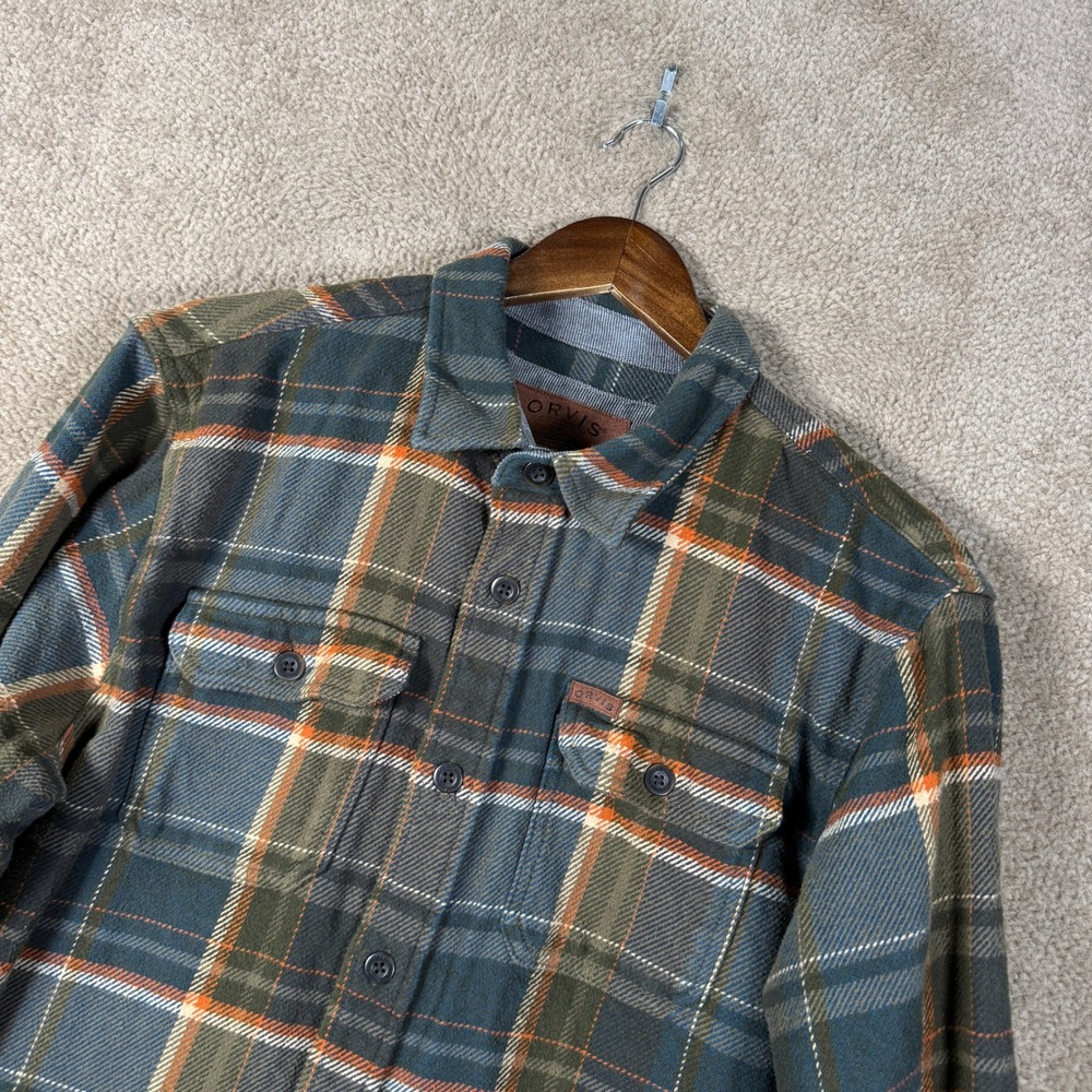 Orvis Flannel Shirt Mens Large Green Orange Plaid Side Pockets Shacket Overshirt